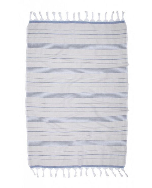 Artisan Turkish towel with fringes, cotton & linen - Shopping Blue